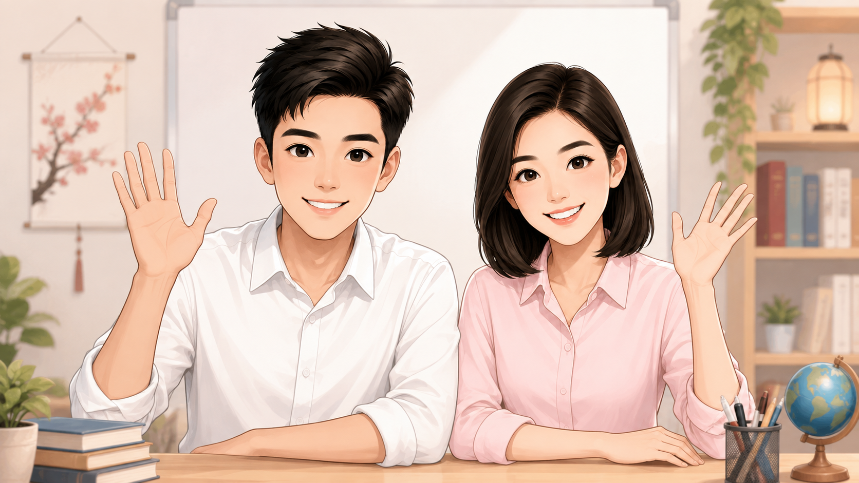 ทีมครูสอนภาษาจีนสองคนกำลังโบกมือทักทายผู้เรียน